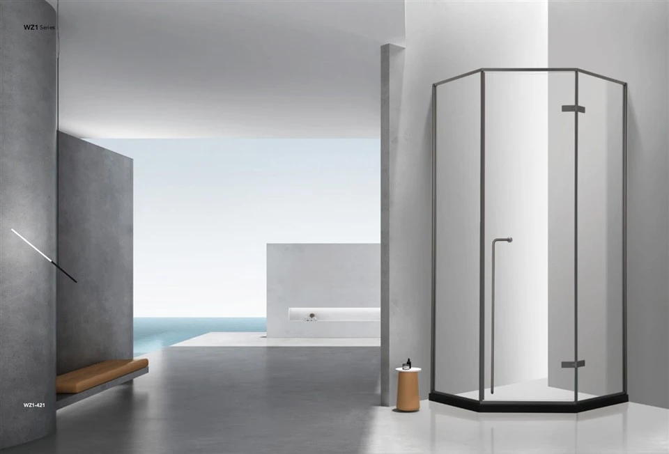 Salle de douche avec porte battante en verre