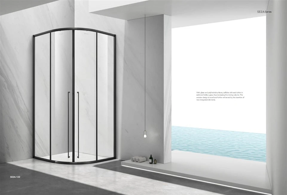 Douche à porte coulissante en éventail/en secteur à poignée longue pour salle de bain